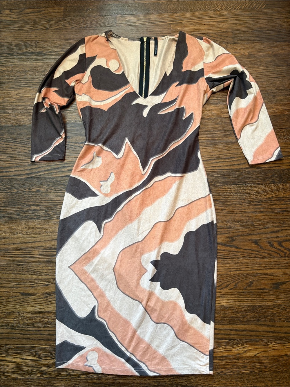 V-Neck Midi Dress in Peach, Cream & Brown Abstract Print